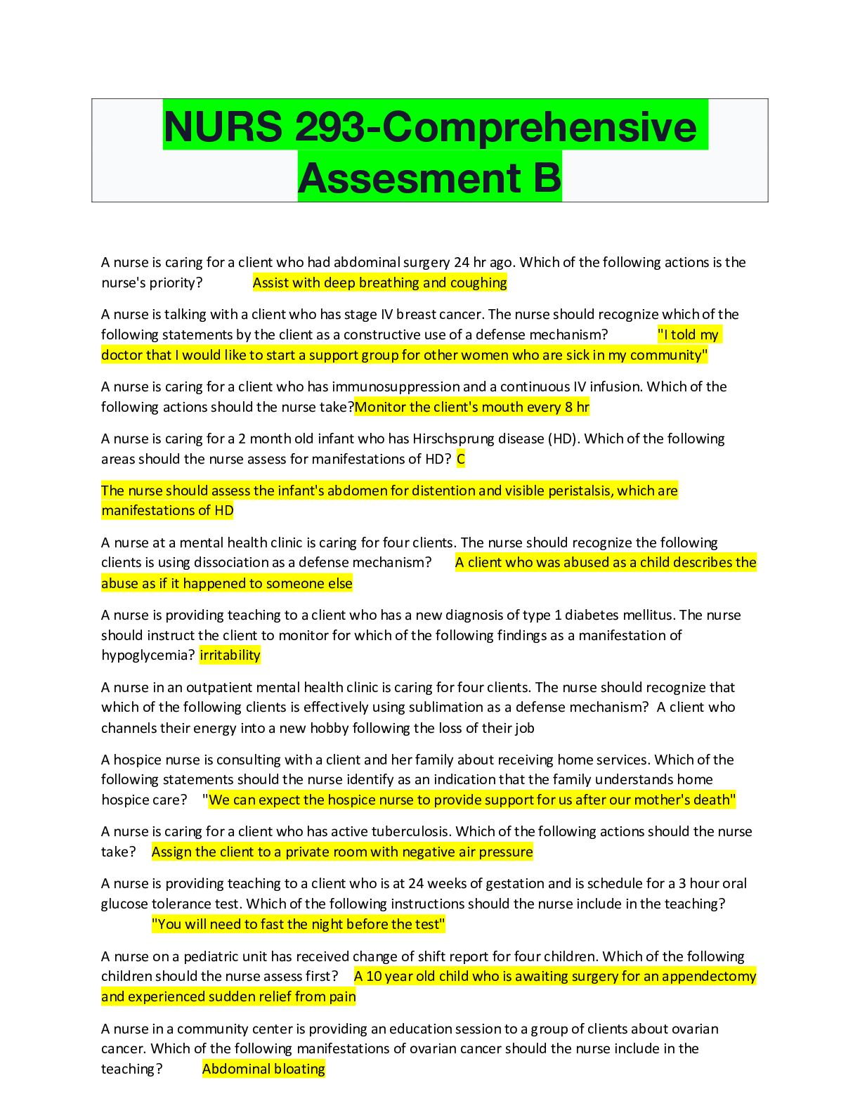 Preview image of NURS 293-Comprehensive Assesment B document